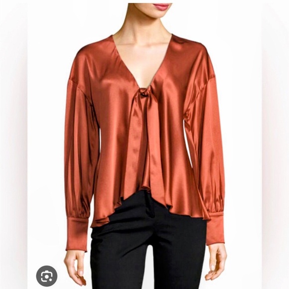 CINQ A SEPT | LENTZ TIE BOW LONG SLEEVE SILK SATIN LARGE BLOUSE IN TOBACCO - Picture 1 of 6